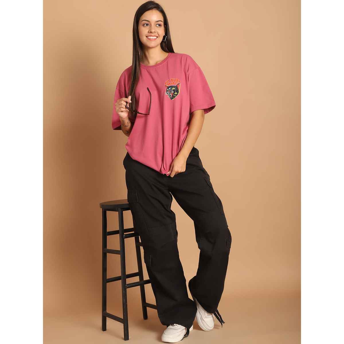 Fabflee Women Oversize Cotton Printed Round Neck Tshirt | Pink | FAB-OS-502 | M