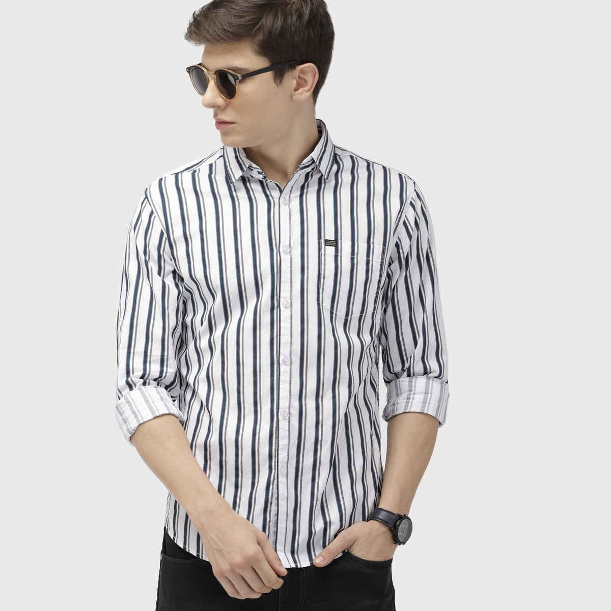 The Indian Garage Co Men's Slim Fit Multi Stripes Casual Shirt | White - L