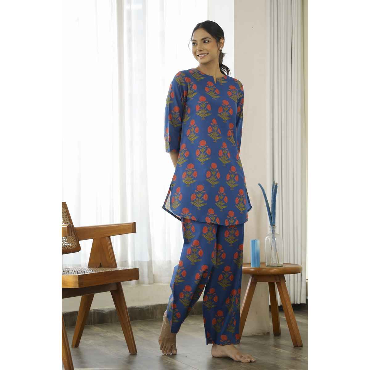 Sanskrutihomes Floral Printed Pure Cotton Night Suit | Blue - M