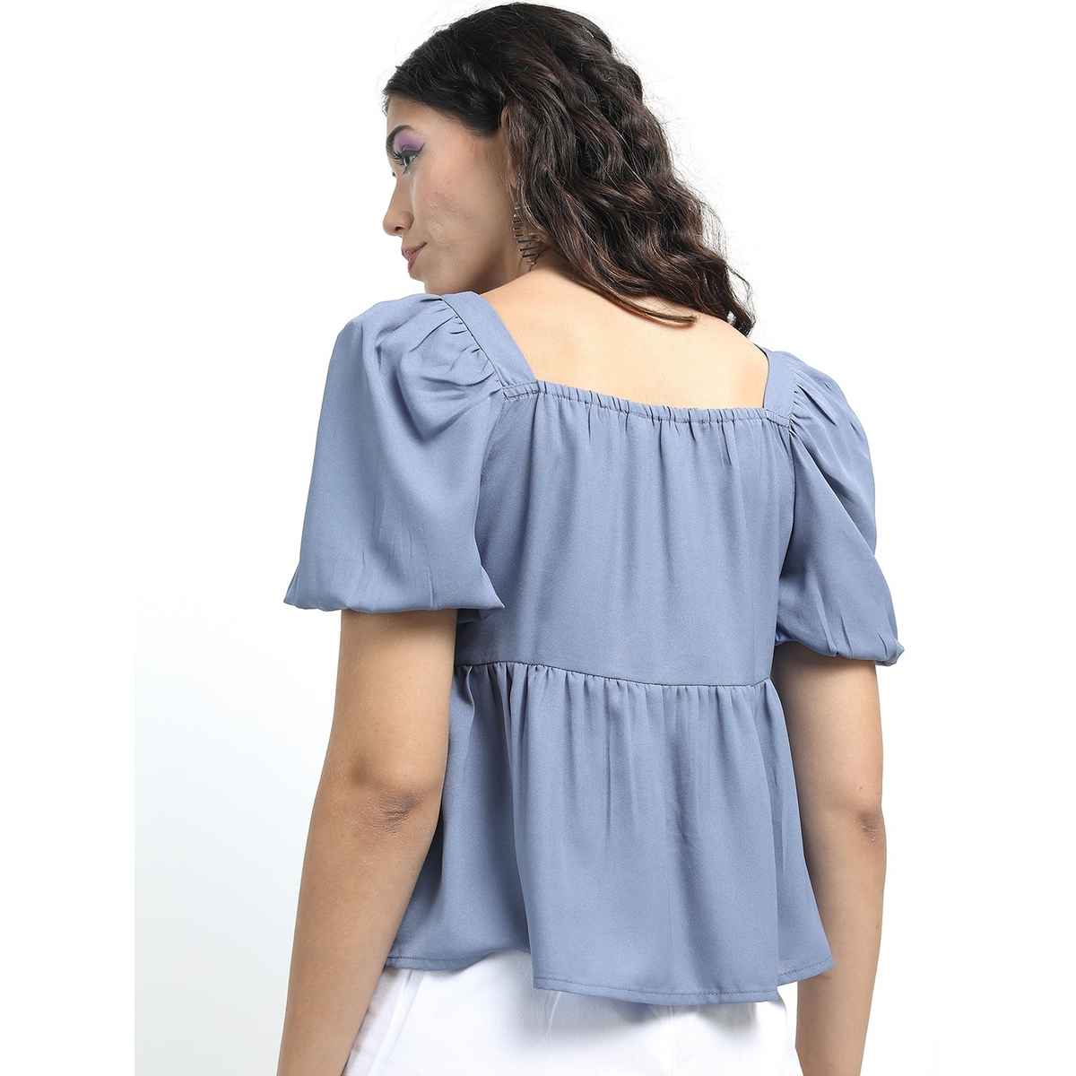 Tokyo Talkies Women's Puff Sleeve Gather Top | Blue - XL