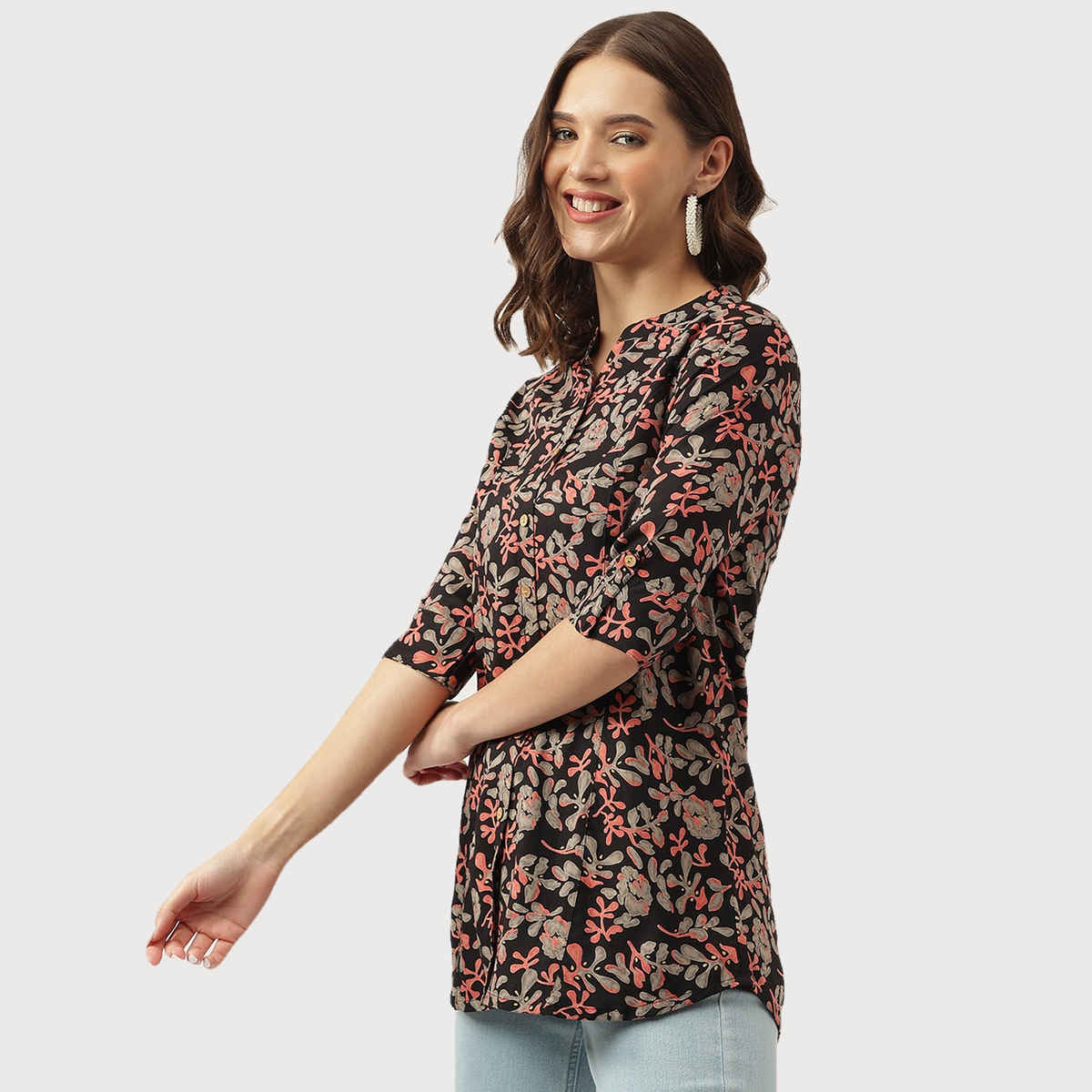 Divena Women's Floral Printed Rayon Shirt Style Top | DK1018 | Black - S