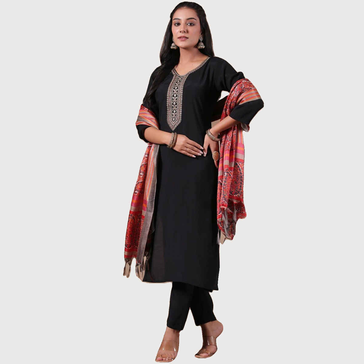Ishin Women Straight Ethnic Poly Silk Kurta Set with Dupatta | INWSDAW231073 | Black - L