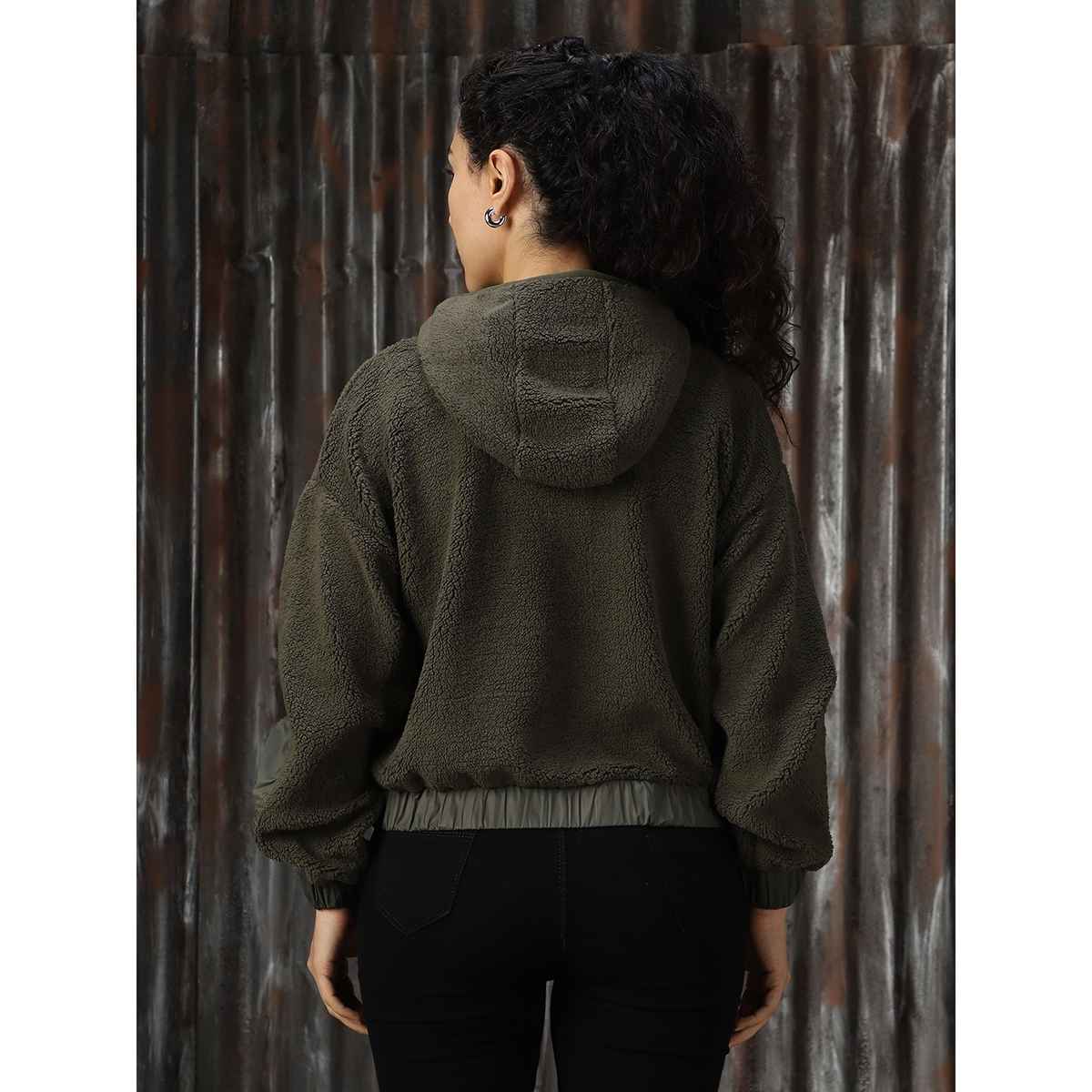 High Star Women's Self Design Hooded Front-Open Crop Sweatshirt | Olive - M