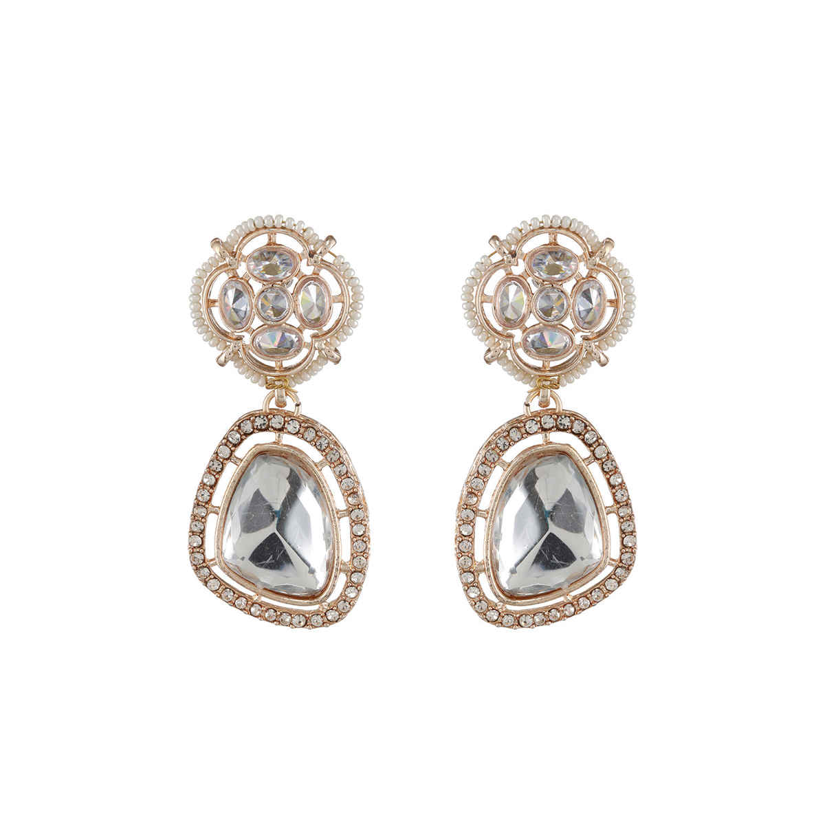 Priyaasi Floral Ad Studded Rose Gold-Plated Drop Earrings