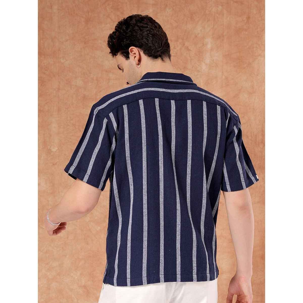 The Indian Garage Co Men's Relaxed Fit Striped Resort Half Sleeve Shirt | Indigo - L