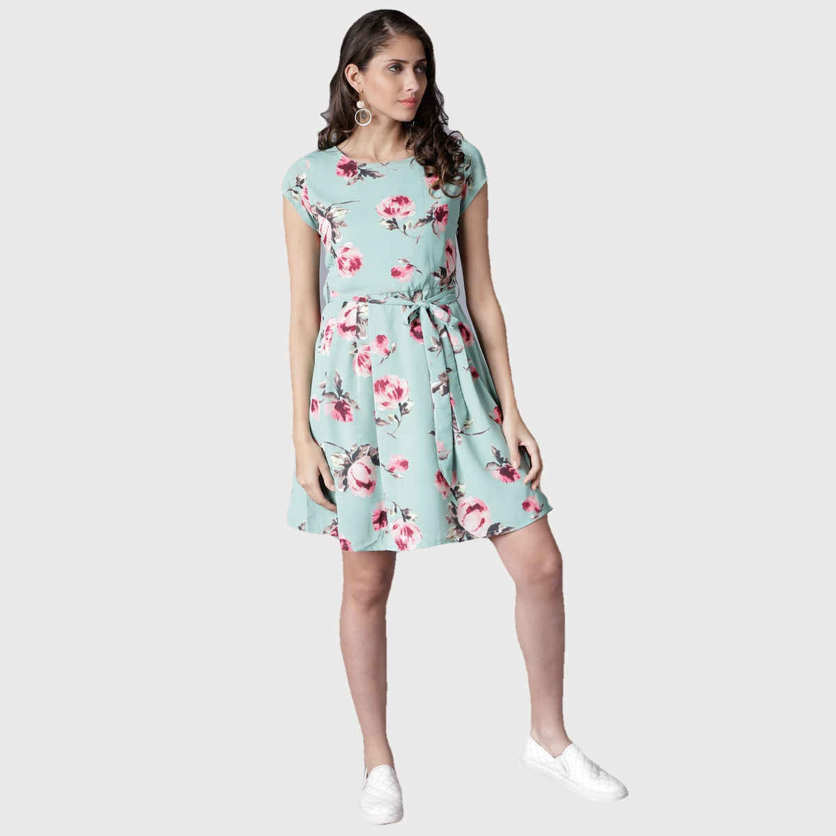 Tokyo Talkies Women's Digital Printed Georgette Fit And Flare Dress | Green - M