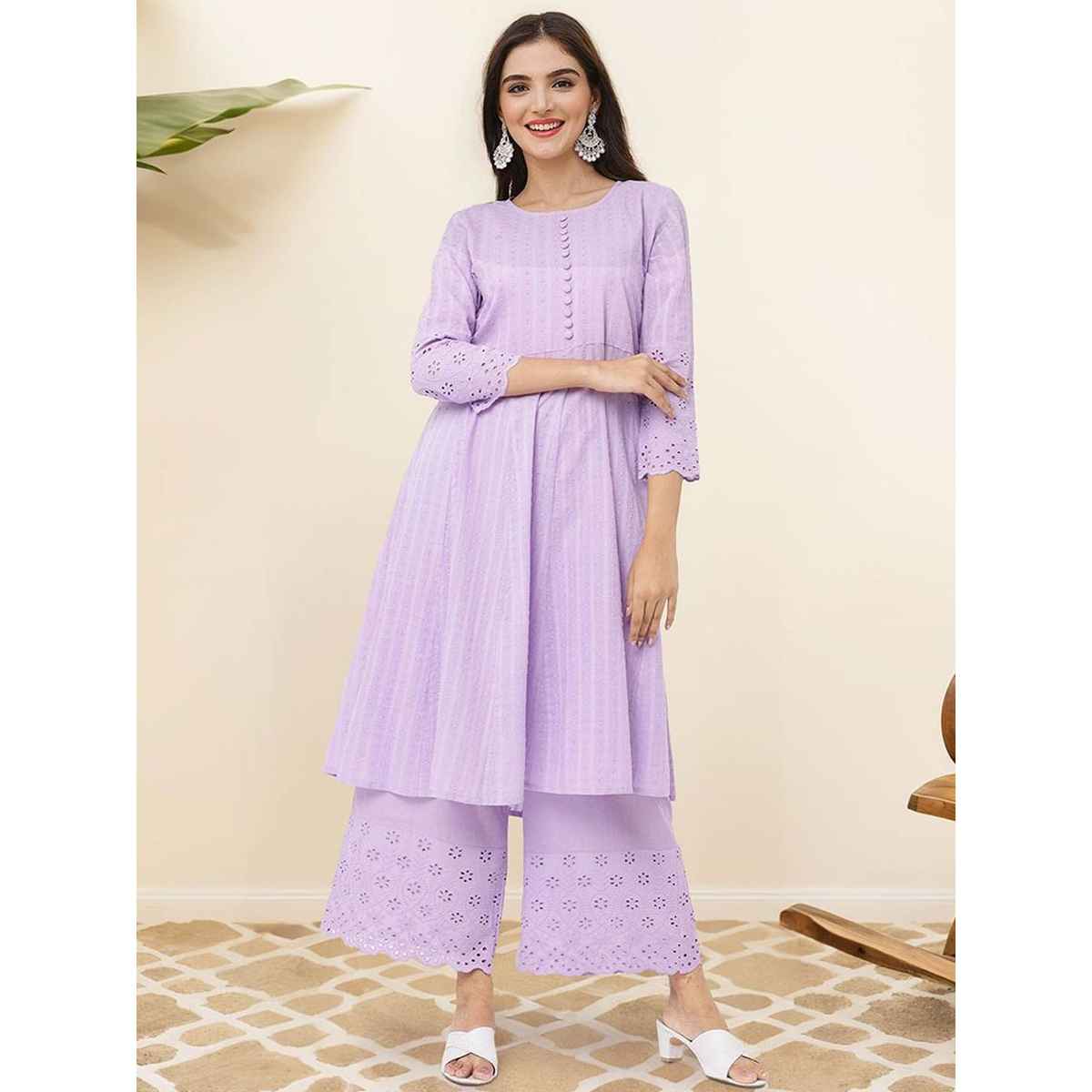Ishin Women Cotton Kurta Set | INWKTAW24351 | Lilac - S