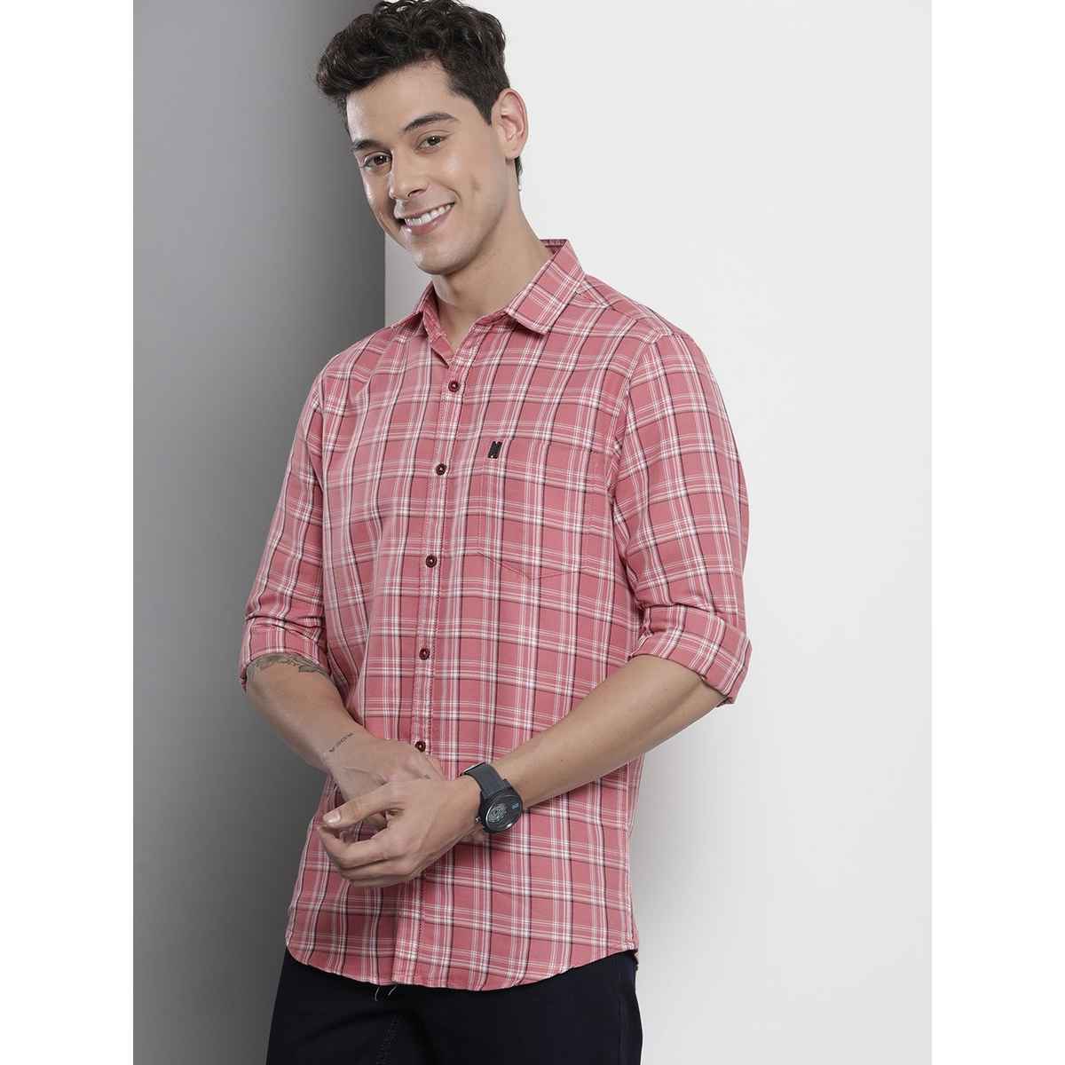 The Indian Garage Co Men's Regular Fit Checkered Casual Shirt | Pink - L