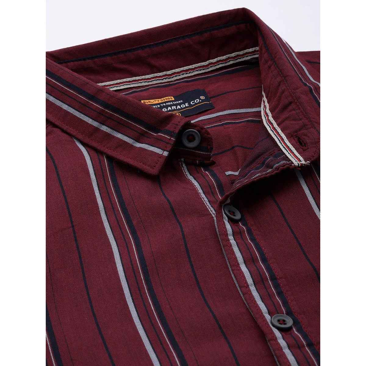 The Indian Garage Co Men's Regular Fit Striped Casual Shirt | Maroon - XL