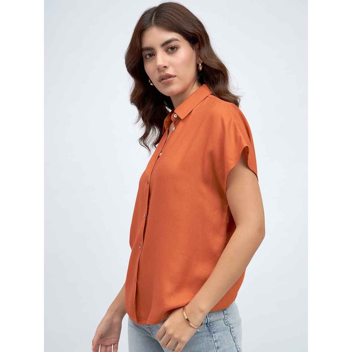 DL Women's Extended Sleeves Oversized Boxy Casual Shirt | DLWSHW23006 | Orange - XL