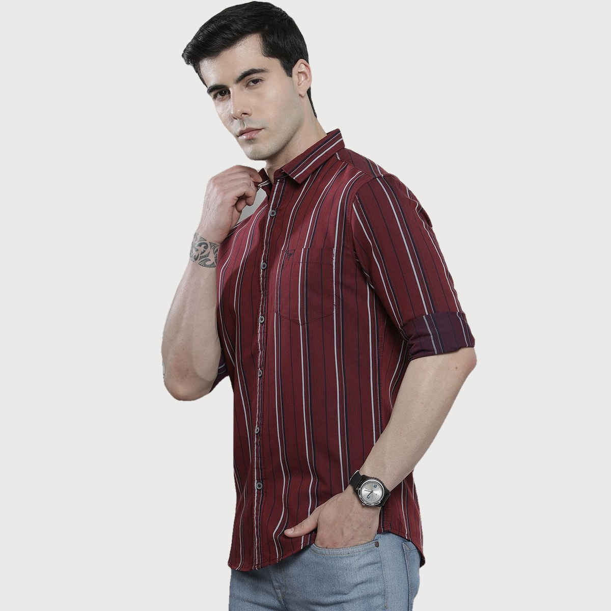 The Indian Garage Co Men's Regular Fit Striped Casual Shirt | Maroon - XL