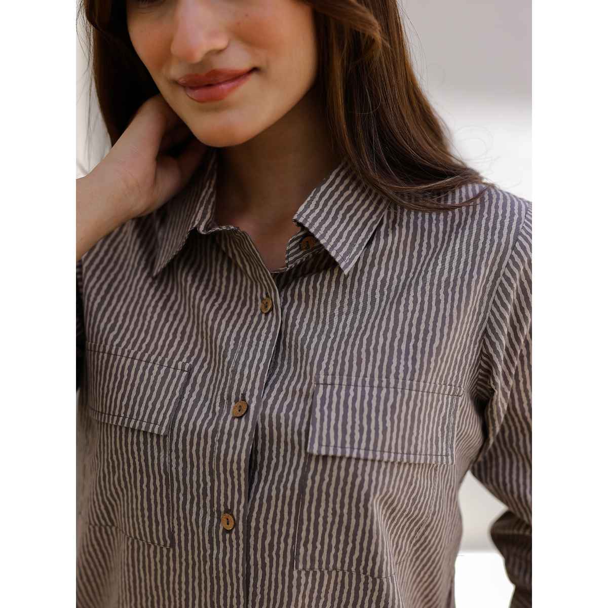 Sanskrutihomes Women Striped Shirt Collar Pure Cotton Beige Night Suit SE-NSP-615 | XL