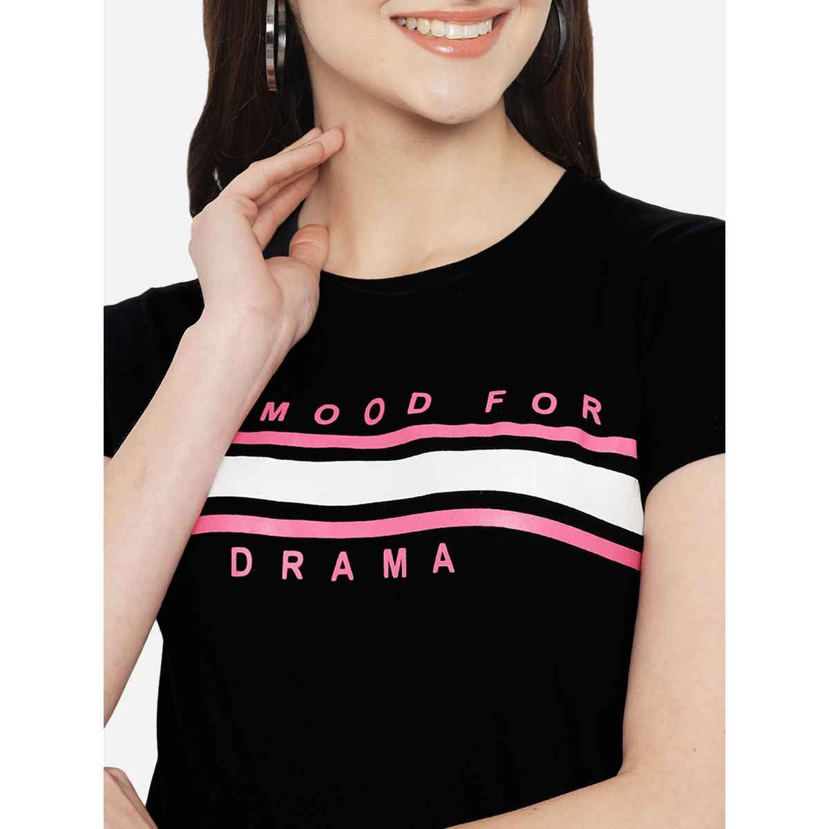 Fabflee Women Regular Cotton Printed Round Neck Tshirt | Black | FAB-WT-08 | XL