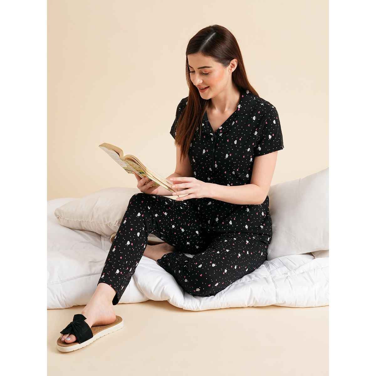 Sweet Dreams Women Printed Half Sleeves Pyjama Set Black S