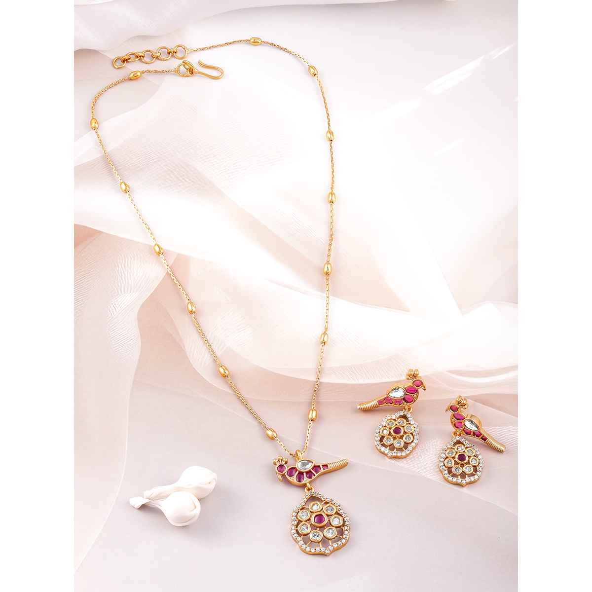Rubans 22K Gold-Plated Ruby & Kundan with Zicronia Studded Peacock Design Necklace Set
