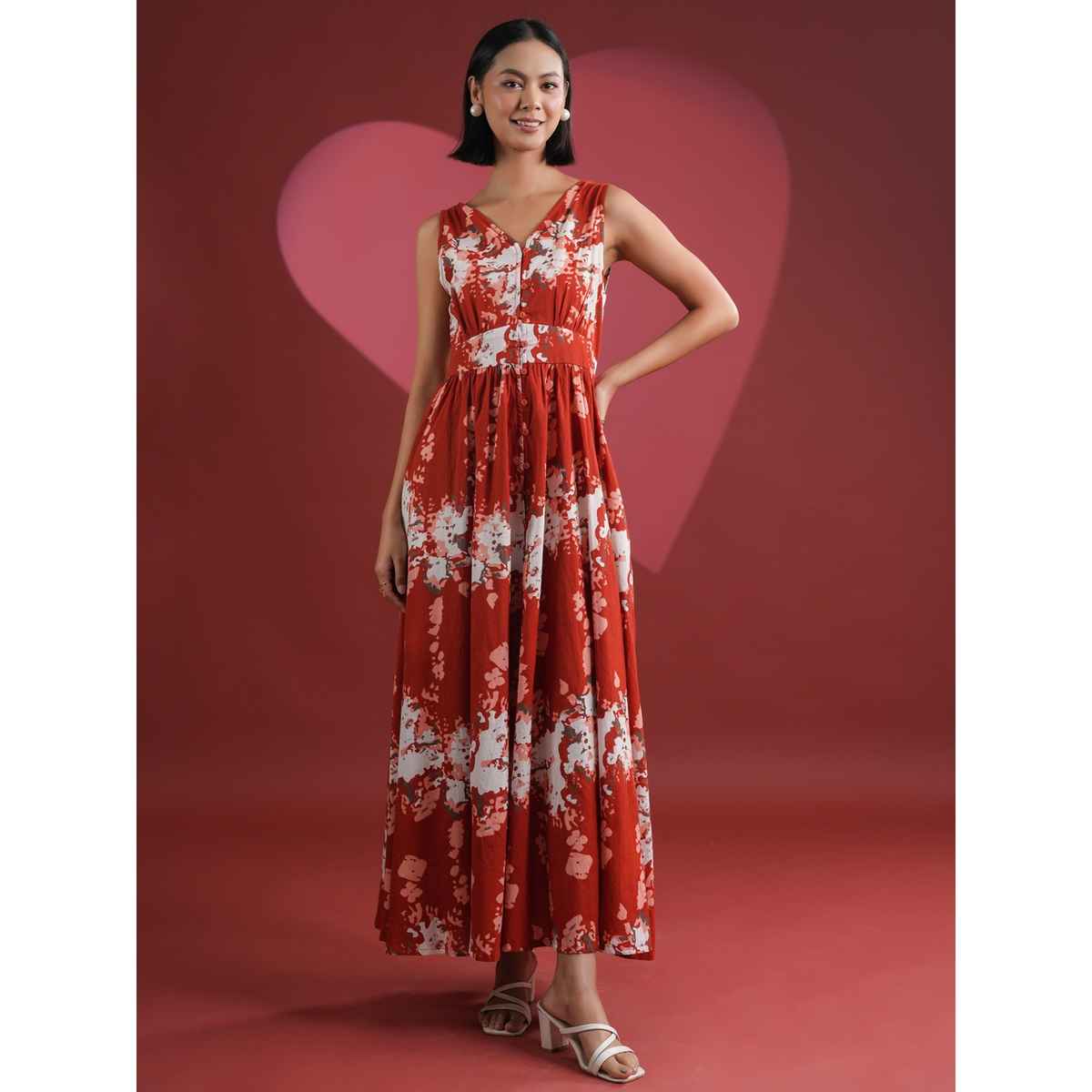 Sanskruti Homes Women Dress - Orange | Printed V-neck | XL