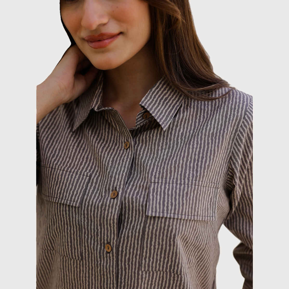 Sanskrutihomes Women Striped Shirt Collar Pure Cotton Beige Night Suit SE-NSP-615 | M