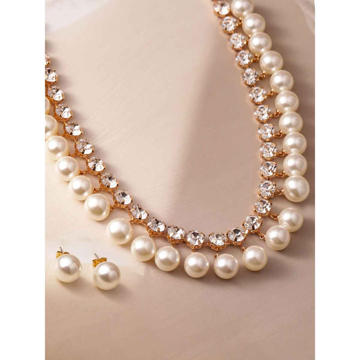 Rubans 18K Gold Plated Luxurious Pearls Beaded and Cubic Zirconia Studded Jewellery Set