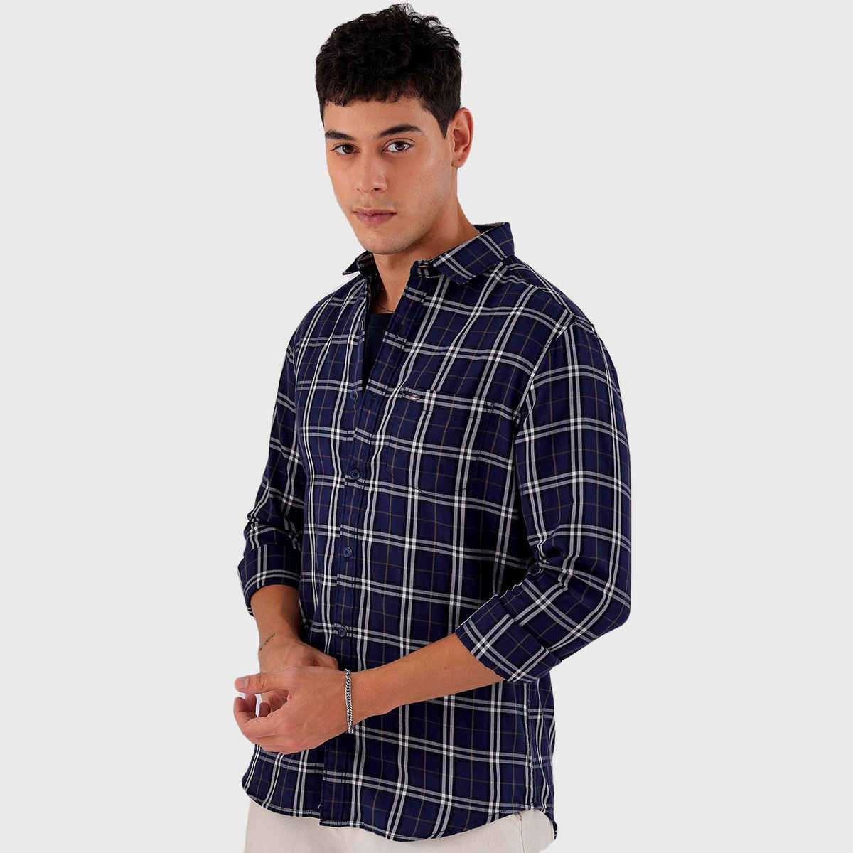 The Indian Garage Co Men's Slim Fit Checkered Casual Shirt | Navy Blue - S