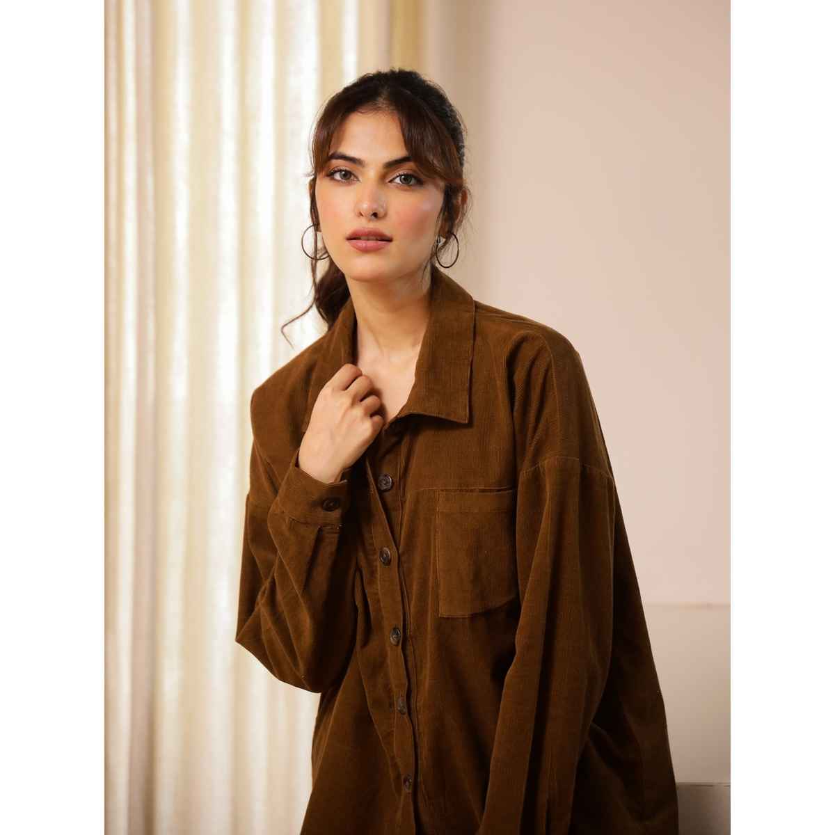 Sanskrutihomes Women Shirt Collar Pure Cotton Brown Night Suit SE-NSP-684 | S