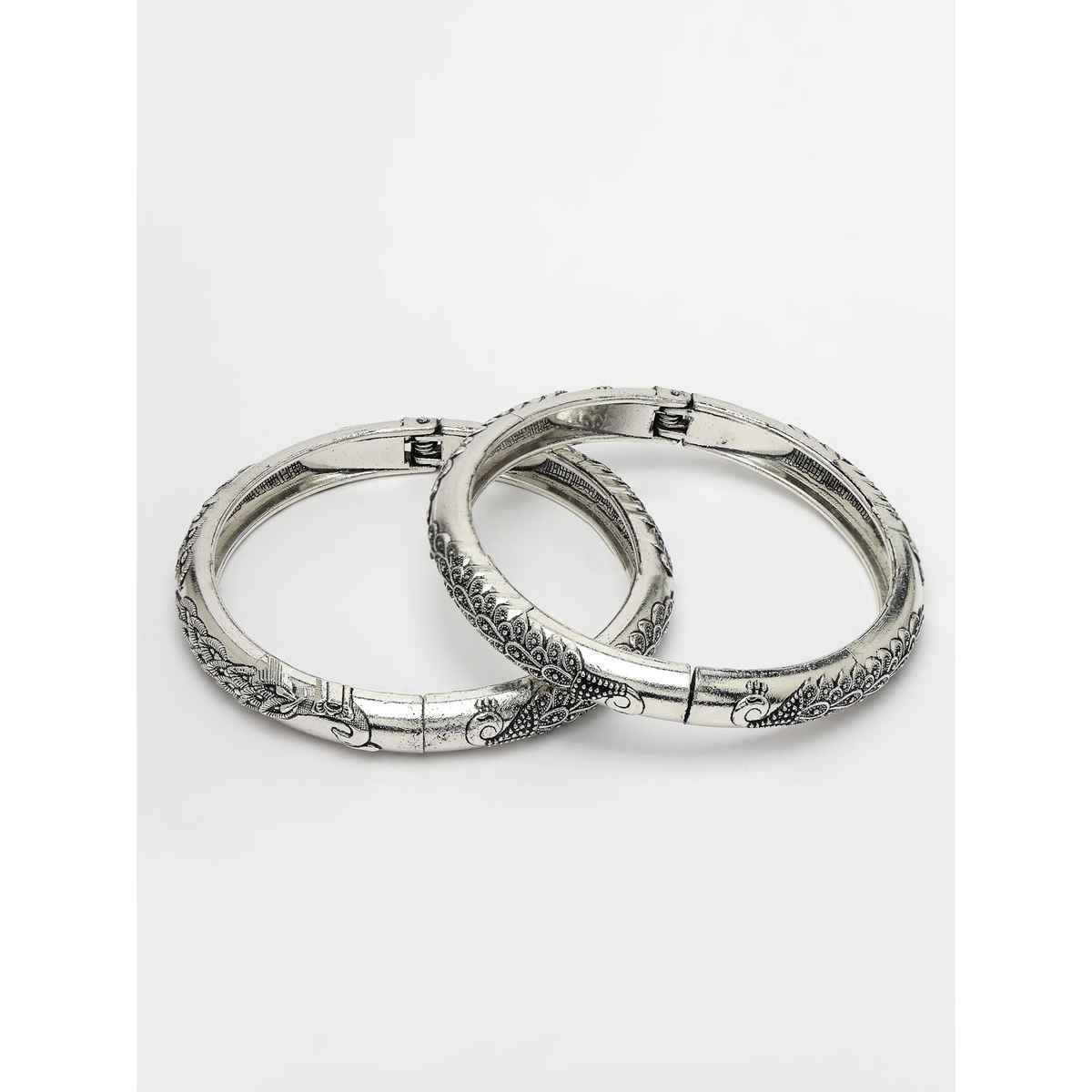 NVR Women's Set of 2 Silver-toned German Silver Peacock Design Oxidised Kada Bangle | NVR2478