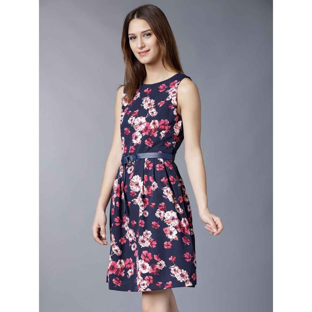 Tokyo Talkies Women's Floral Printed Fit And Flare Dress | Blue - L