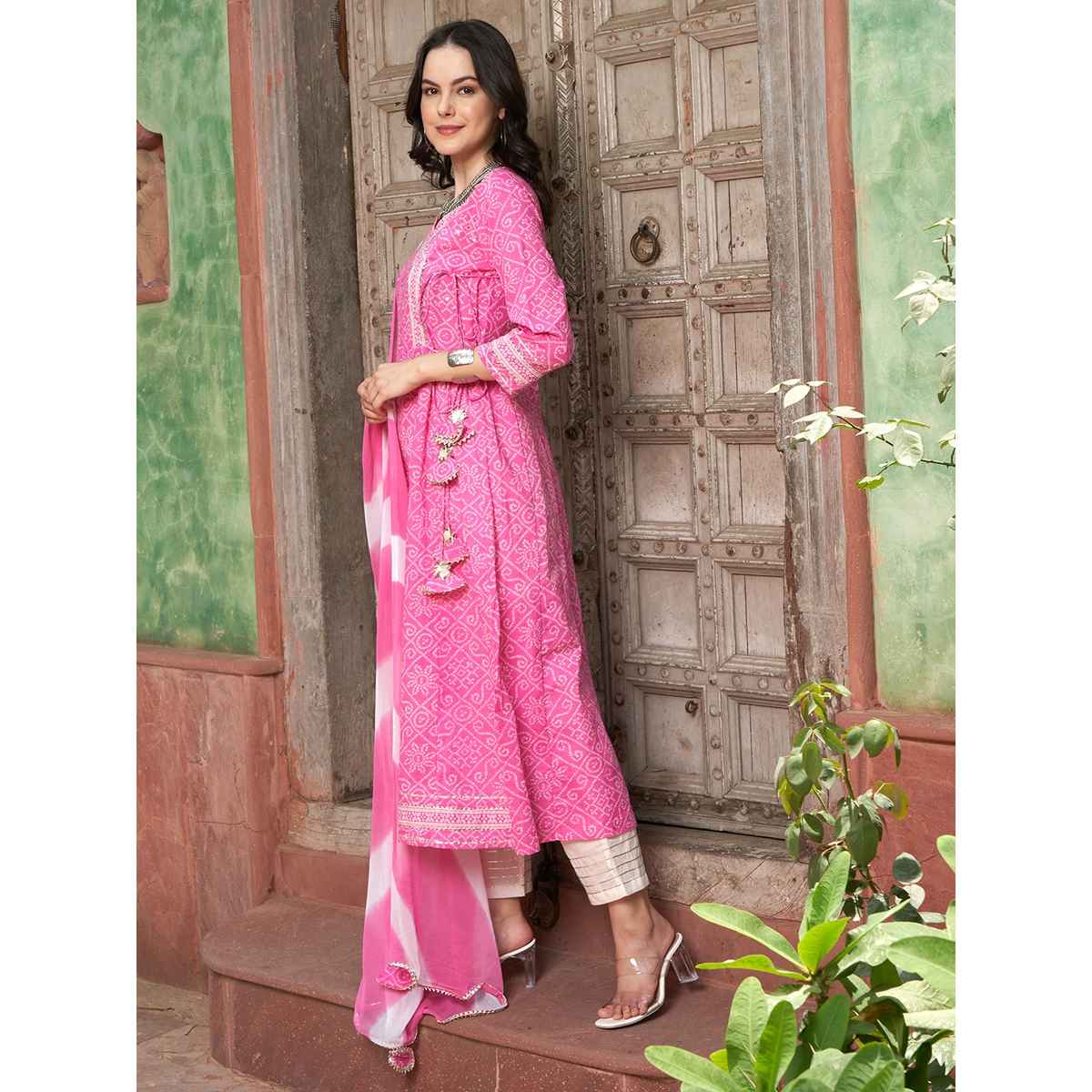 Bandia Women's Bandhej Angrakha Kurta Trouser Set with Dupatta | BANKS0004 | Pink | S