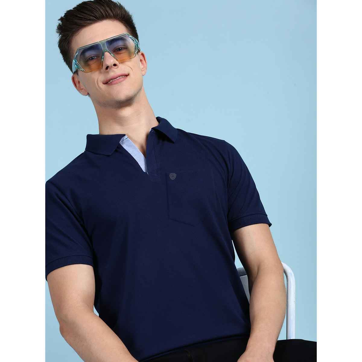Lux Cozi Men's Solid Cotton Polo T-shirt with Pocket | Ink Blue - L
