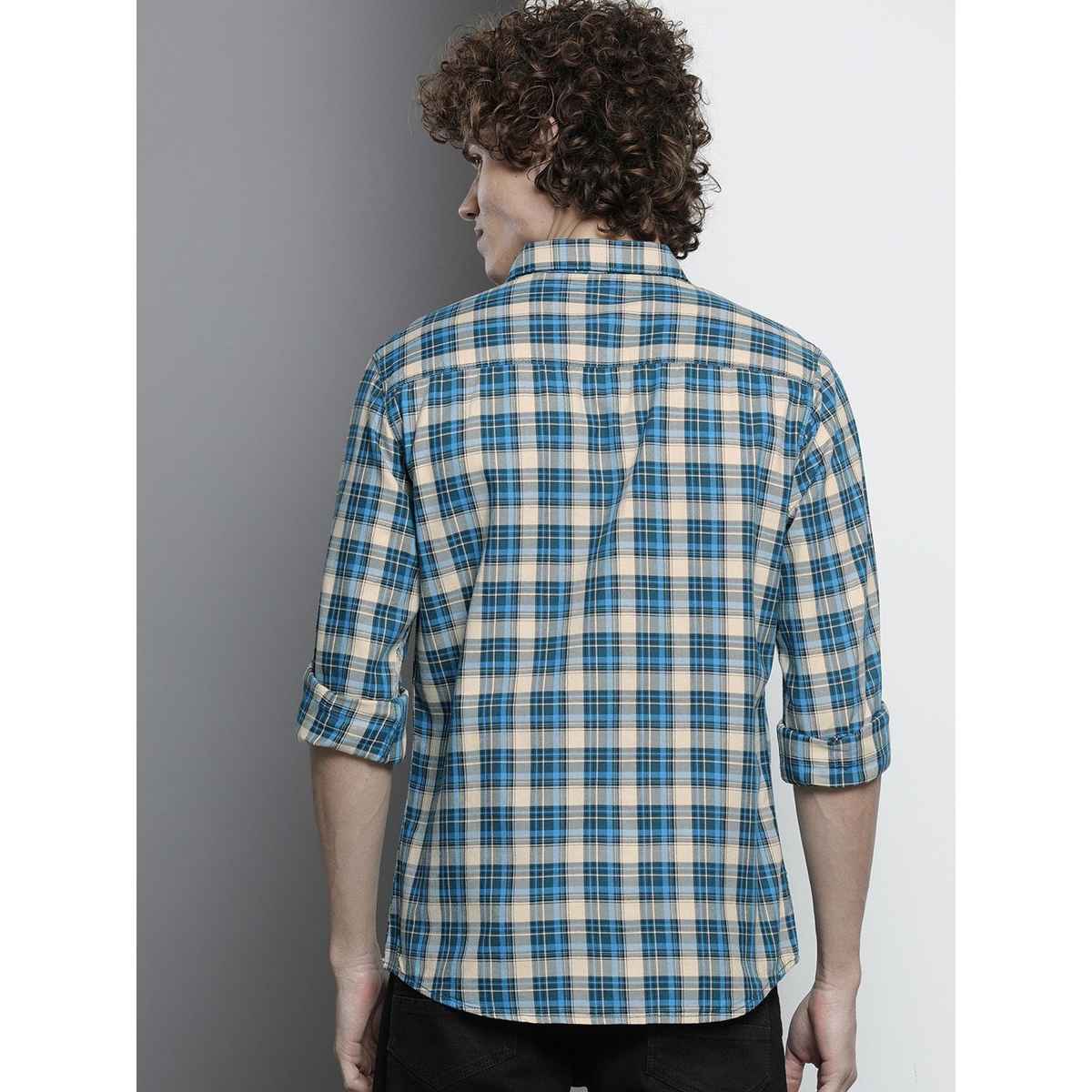 The Indian Garage Co Men's Slim Fit Checkered Casual Shirt | Blue - S