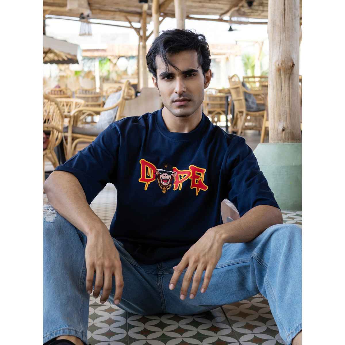 Bonorganik Men's Generic Oversize Front Print T-shirt | BON12036 | Navy - M