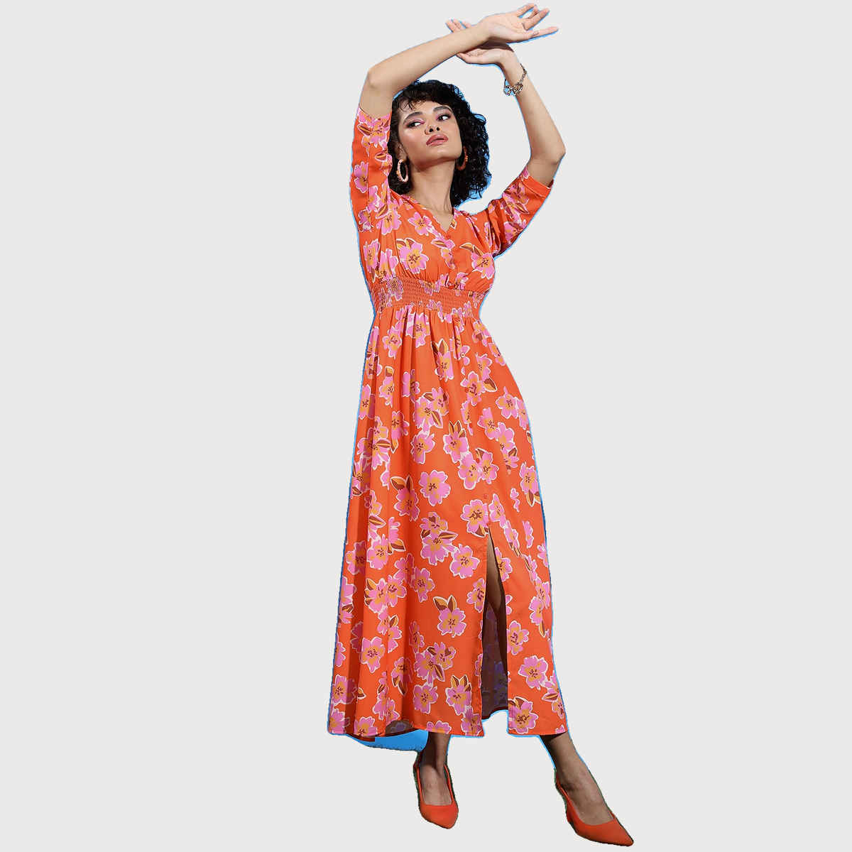 Ketch Women's Floral Printed V-Neck Smocked Fit & Flare Maxi Dress | Orange - XL