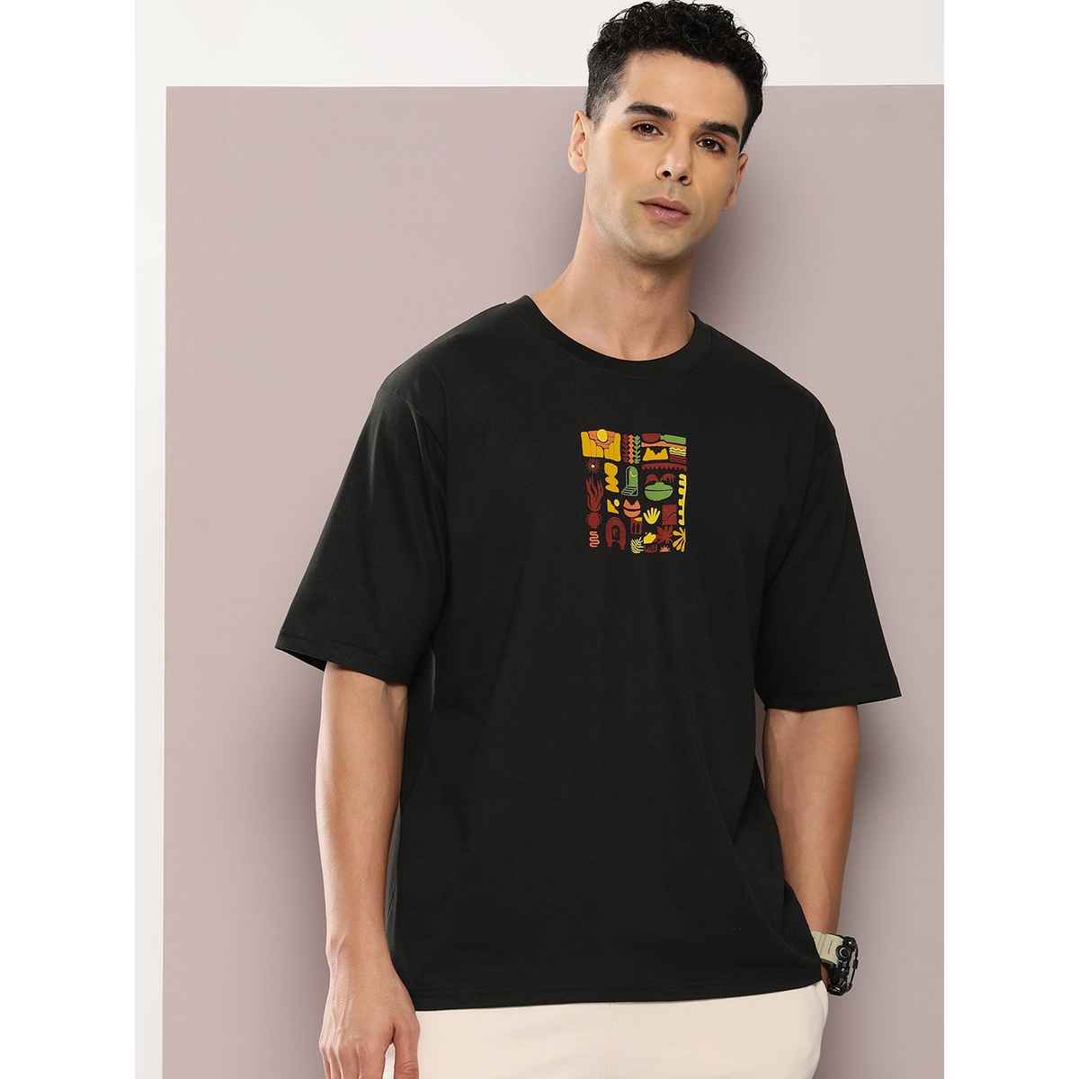 Dillinger Men's Graphic Oversized Printed Drop-Shoulder Sleeves Pure Cotton T-shirt | Black - XL