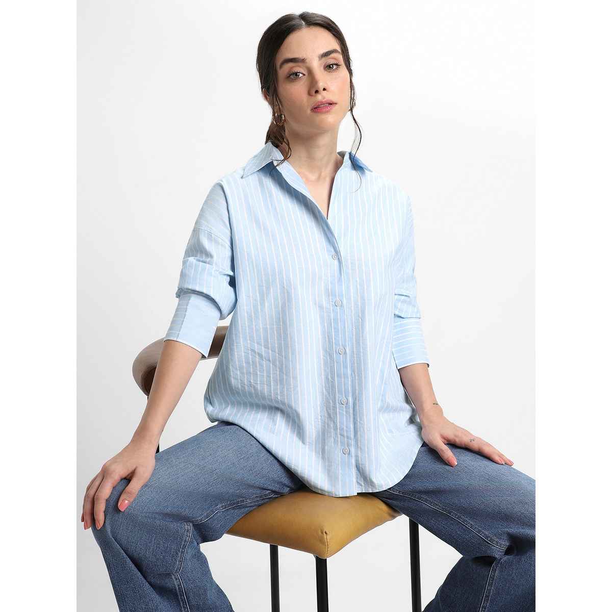 DL Women's Oversized Vertical Stripes Pure Cotton Oxford Casual Shirt | DLWSHW23001 | Blue - M