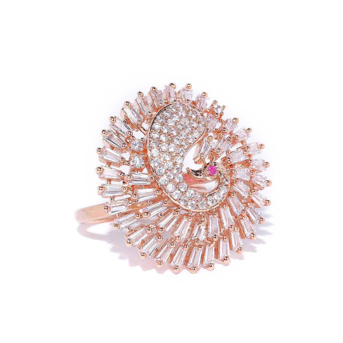 Priyaasi Bird Feathers-Rose Gold-Plated Peacock Adjustable Ring Studded With American Diamond