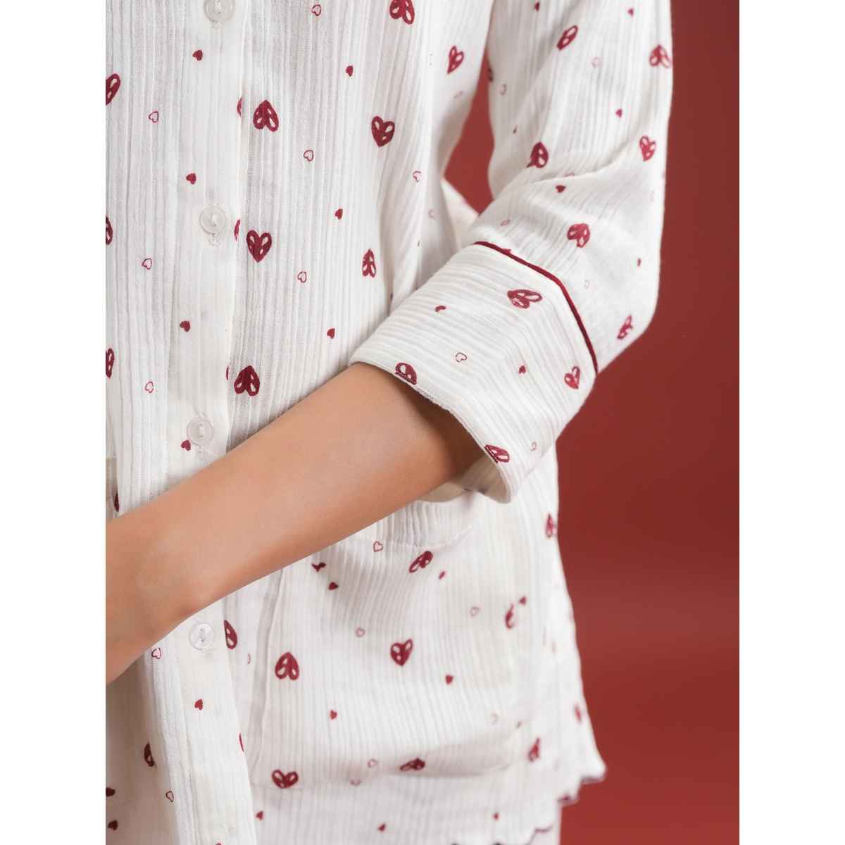 Sanskruti Homes Women's Valentine Special White Heart Printed Cotton Night Suit Set | Se-nsp-844 | S