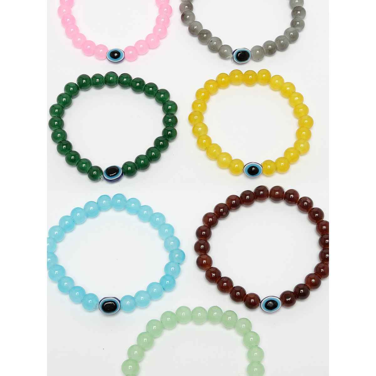 NVR Unisex Set of 7 Crystals Beaded Evil Eye Elasticated Bracelet | NVR2292