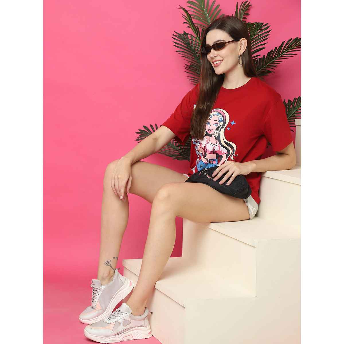 Fabflee Women Oversize Cotton Printed Round Neck Tshirt | Red | FAB-OS-521 | L