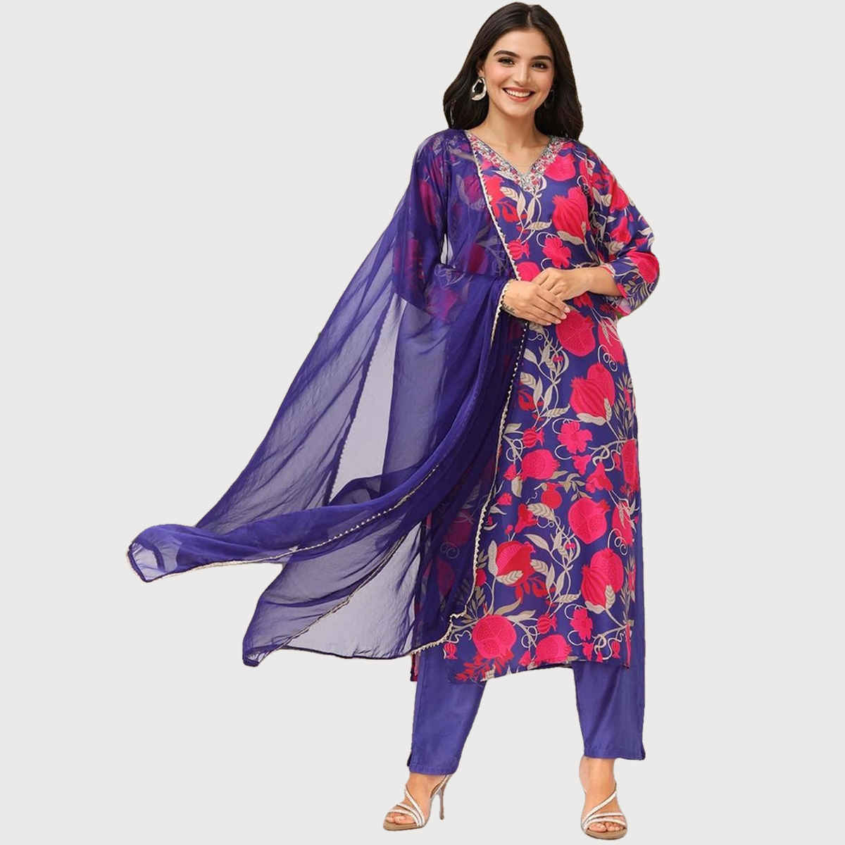 Ishin Women Kurta Set with Dupatta | INWSDS24073 | Navy - M