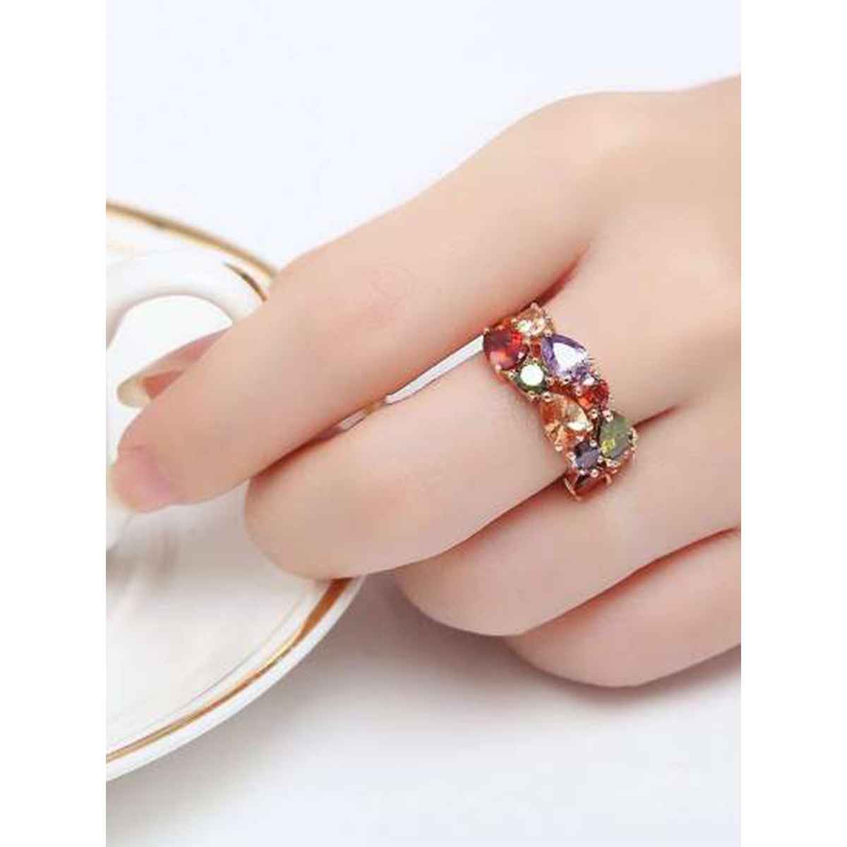 YouBella Rose Gold Plated Solitaire AAA Multicolor Crystal Ring for Women & Girls (YBRG - 20033)