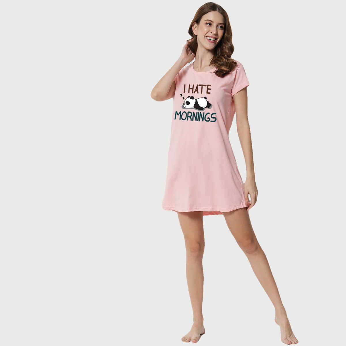 Fflirtygo Women's Cotton Long Tees | Morning Mood Short Nighty | Pink - M