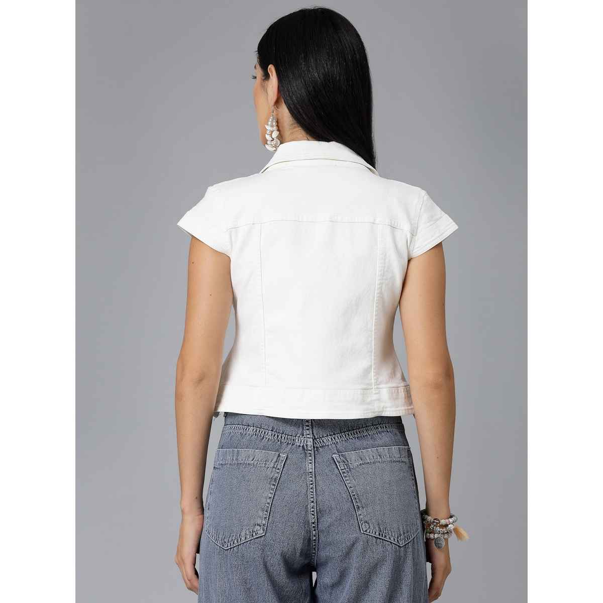 Style Quotient Women Denim Open Front Regular Shrug | S | SS23SQBUBBLY - Off-White