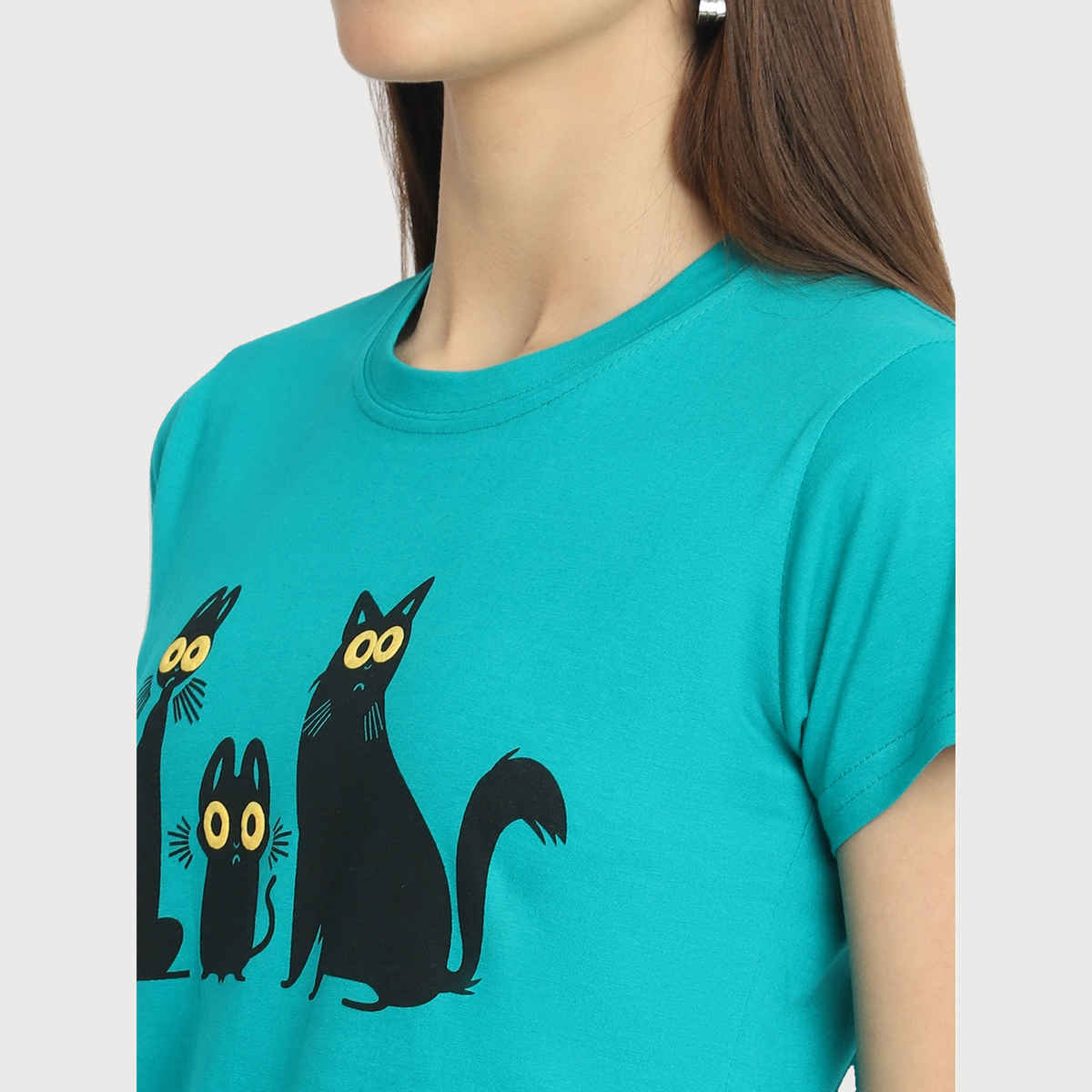 Fabflee Women Regular Cotton Printed Round Neck Tshirt | Aqua Blue | FAB-WT-39 | L