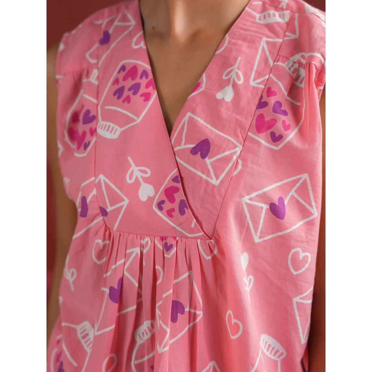 Sanskruti Homes Women's Pink V-neck Printed Cotton Night Suit | Se-nsp-846 | XL