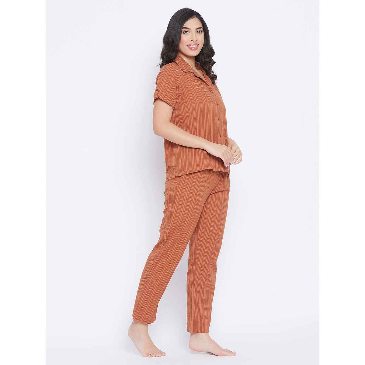 Clovia Women's Cotton Stripes Button Down Shirt & Pyjama Nightsuit| LS0385D06 | Brown | M