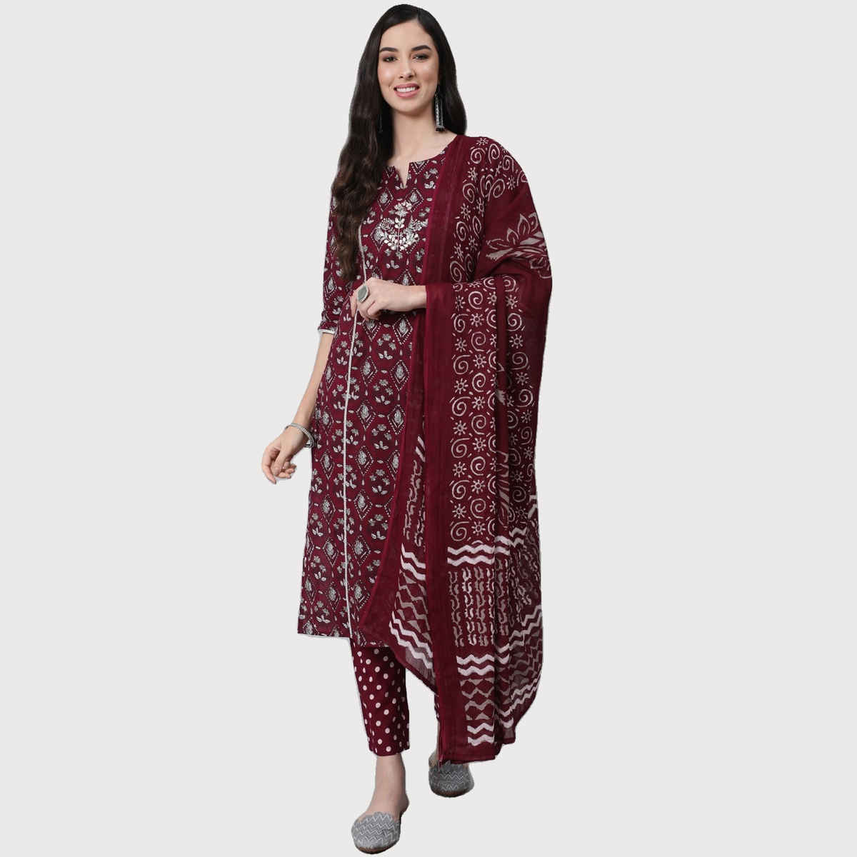 Anubhutee Women's Ethnic Motifs Thread Work Pure Cotton Kurta with Trousers & Dupatta | Maroon - XL
