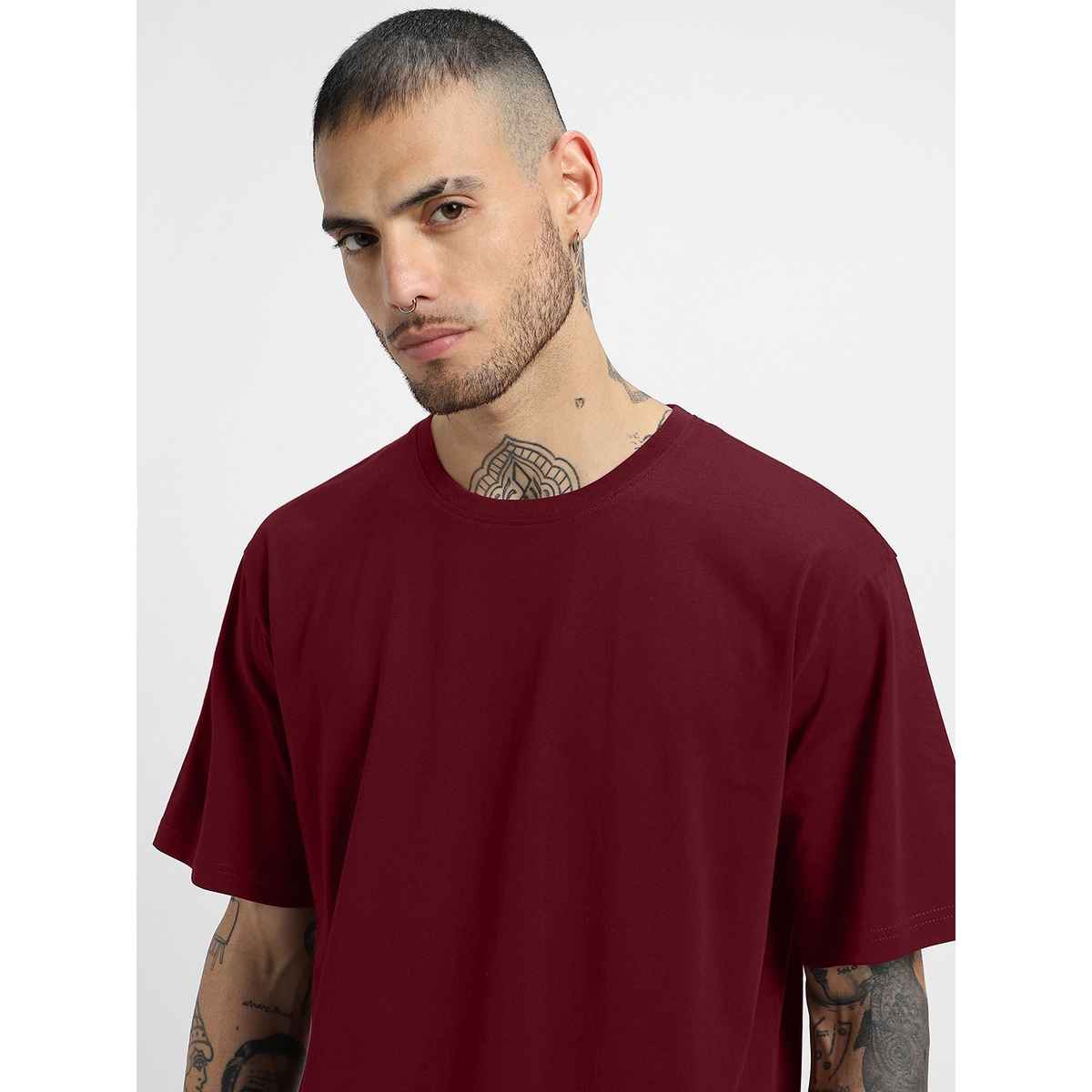 Veirdo Pure Cotton Oversized Fit Round Neck Maroon T-Shirt For Men - S