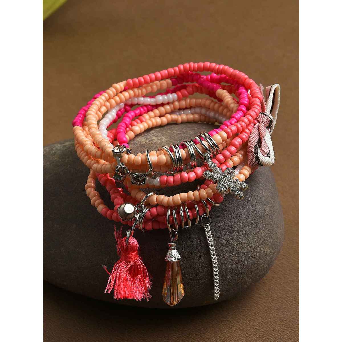 Sohi Women Pink Orange Pack Of 3 Charm Bracelet