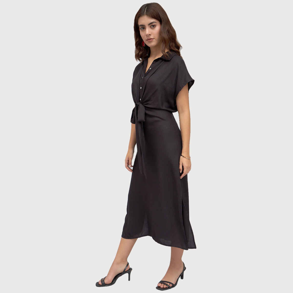 DL Women's Shirt Collar Short Sleeves Belted Midi Shirt Dress | DLWDRW23006 | Black - L