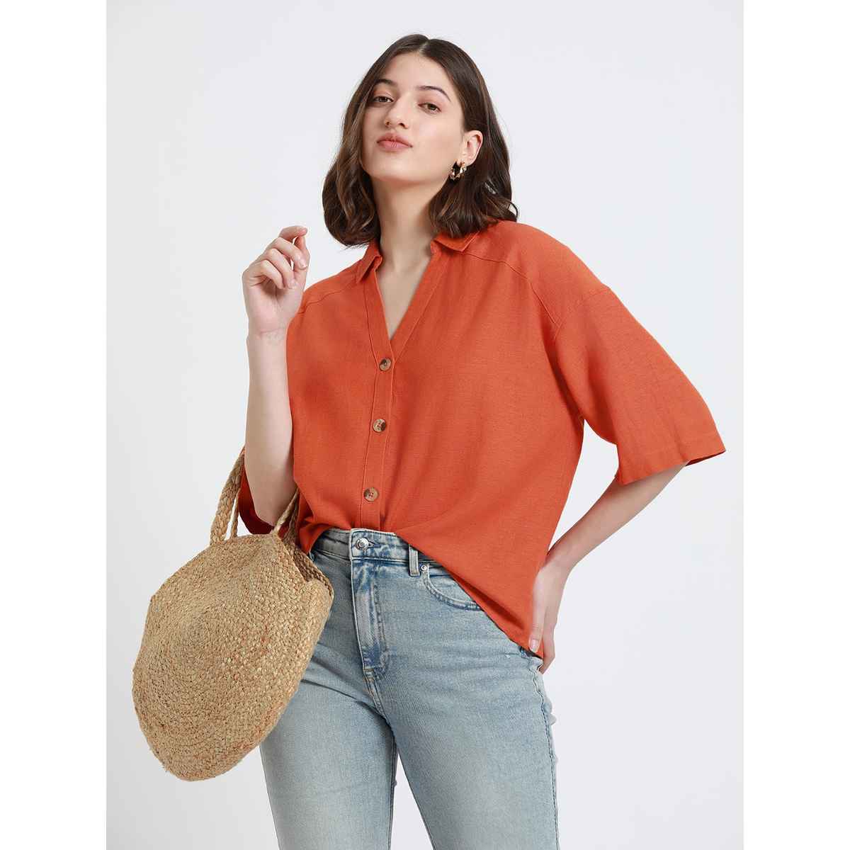 DL Women's Drop Shoulder Casual Oversized Shirt | DLWSHW23005 | Orange - L