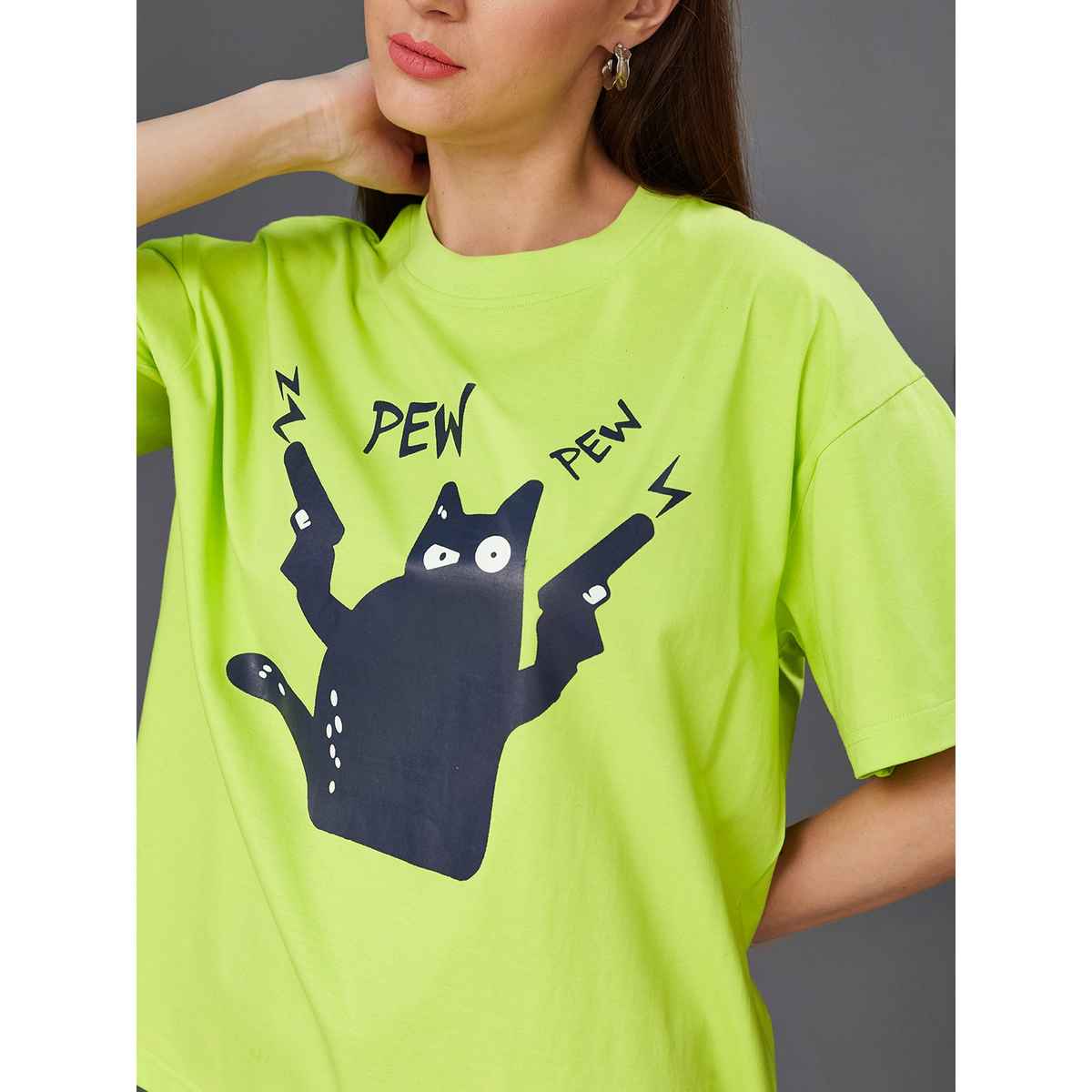 Miss Chase Women s Pew Pew Cat Oversized Tee Lime Green | XL